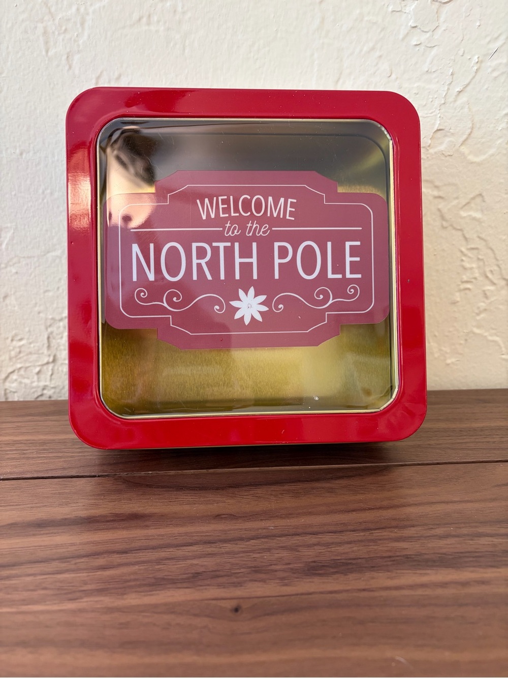 Holiday Style North Pole Christmas Square Tin With Window 7.5 Inch